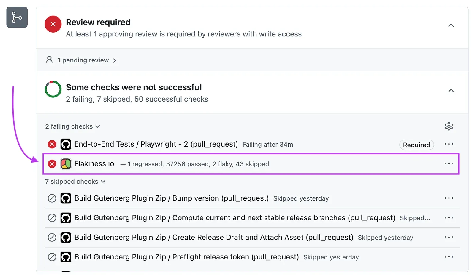 A Flakiness.io GitHub check reporting a regression