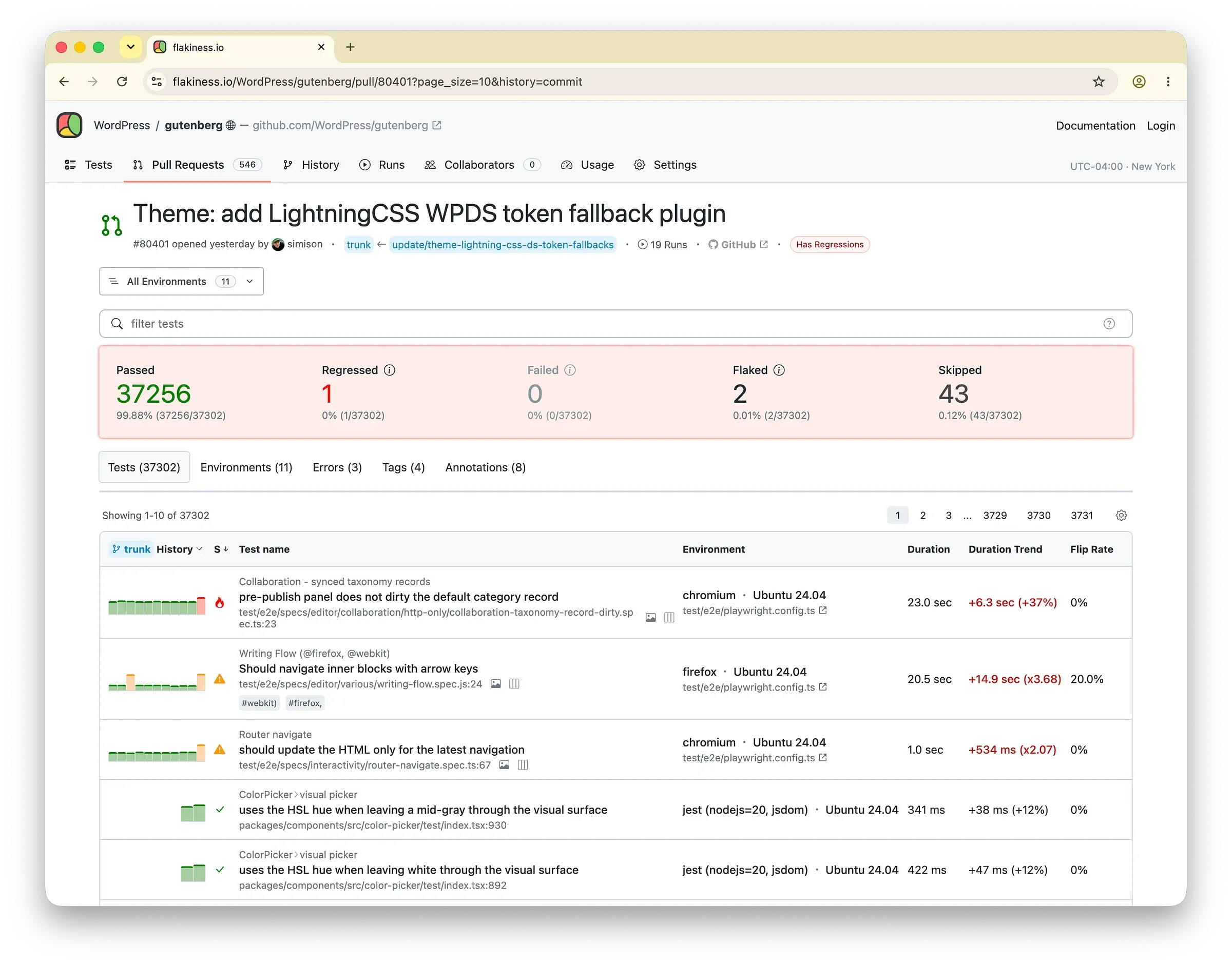 A Flakiness.io pull request report with test failures and debugging artifacts