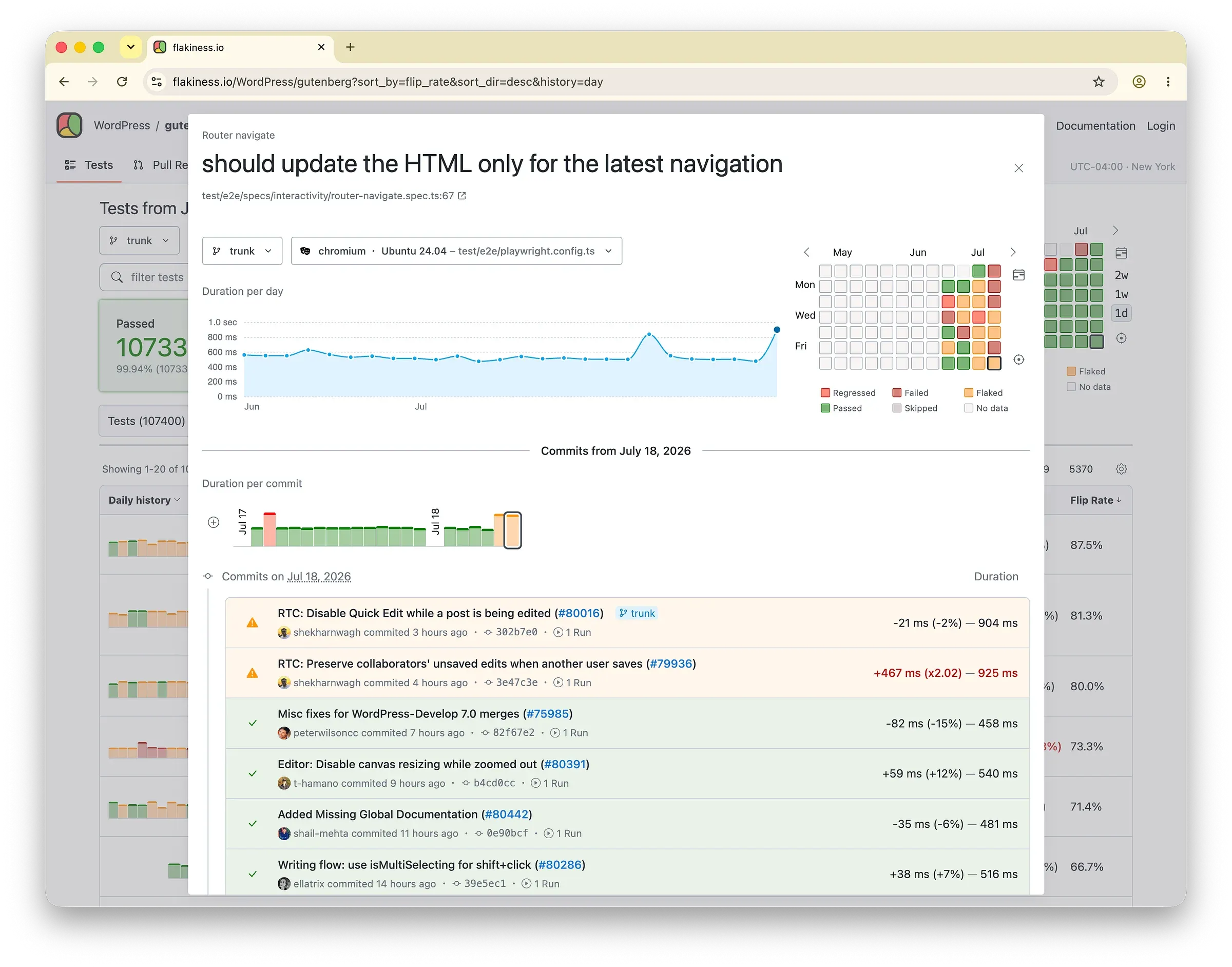 A test’s performance history in Flakiness.io