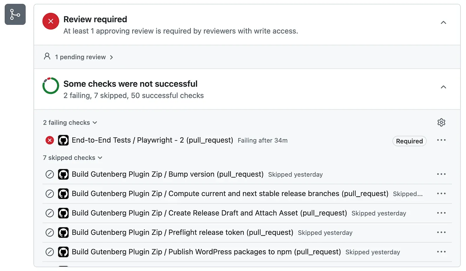 A GitHub pull request with unsuccessful checks